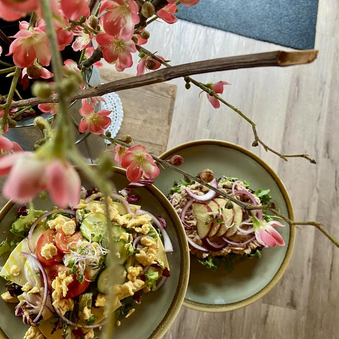Verse lunch bij Grenzeloos, Doldersum in Drenthe Twee borden met kleurrijke, verse lunchgerechten, gefotografeerd van bovenaf met bloemen op de voorgrond.