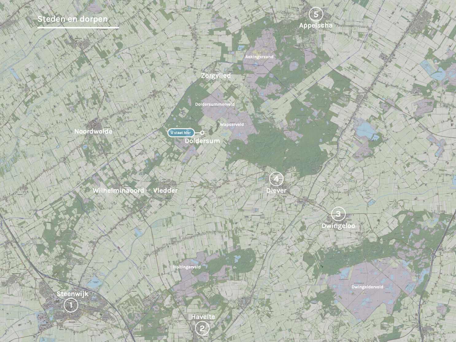 Kaart van Doldersum en omliggende dorpen Kaart van de regio rond Doldersum met de omliggende dorpen en steden, inclusief de locatie van de wandelroutes.