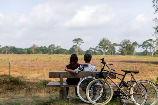 Pauze op de hei Stel op een bankje met uitzicht op de heide bij Doldersum, met fietsen op de voorgrond