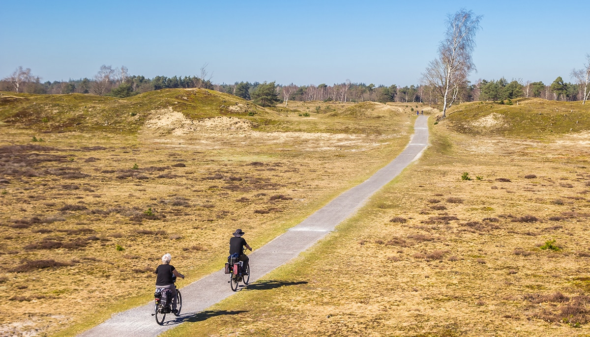 Fietsen door het Drents-Friese Wold Twee fietsers op een pad door het Drents-Friese Wold in een open heidelandschap